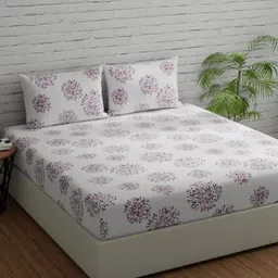 Huesland White & Purple Geometric Cotton 144 TC Queen Bedsheet With 2 Pillow Covers-image-61