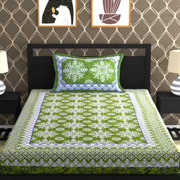Urban Magic Green & White Floral 104 TC Single Bedsheet with 1 Pillow Covers-picture-37