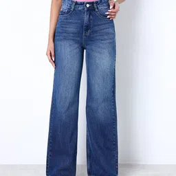 ZUYA Women Dark Blue Color Non Stretch Super Wide Leg Denim Jeans-picture-38