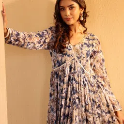 Varanga Floral Printed Empire V-Neck Full Sleeves Georgette Anarkali Kurta-picture-22