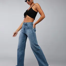 DOLCE CRUDO Women Wide Leg High-Rise Light Fade Stretchable Jeans-image-91