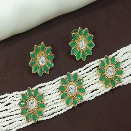 I Jewels Gold-Plated & White Floral Studded Choker Jewellery Set-image-4