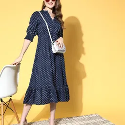 Berrylush Women Deep Navy Blue Polka Dotted Volume Play Dress-picture-13
