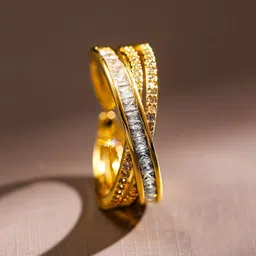 Rubans 18K Gold Plated White Cubic Zirconia Studded Crossover Demi Fine Adjustable Ring-picture-23