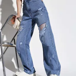 SHOWOFF Women Comfort Wide Leg Highly Distressed Light Fade Jeans-image-58