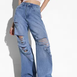 SHOWOFF Women Comfort Wide Leg Highly Distressed Light Fade Acid Wash Jeans-picture-12