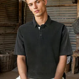 Bewakoof Heavy Duty 1.0 Men Black Oversized Acid Wash Polo T-shirt-picture-30