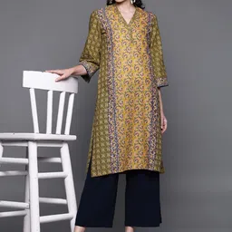 Biba Women Mustard Yellow & Navy Blue Printed Straight Kurta-picture-25