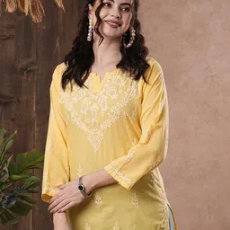 ADA Yellow & White Ethnic Motifs Hand Embroidered Chikankari Pure Cotton Kurti-picture-47