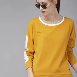 Roadster Women Mustard Yellow Solid Round Neck Pure Cotton T-shirt with Striped Detailing-picture-34