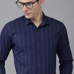 van heusen V Dot Men Navy Blue Slim Fit Striped Formal Shirt With Roll-Up Sleeves-picture-52