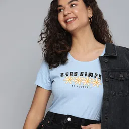 HERE&NOW Women Blue & Yellow Typography Printed Pure Cotton T-shirt-picture-10