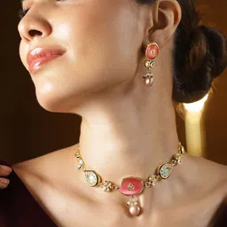 Rubans 22K Gold-Plated Enamel Kundan Choker Set with Rosy Pink & Green Stones and Beads image 1