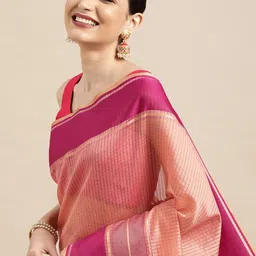 Leeza Store Peach-Coloured & Magenta Checked Zari Silk Blend Mangalagiri Saree-image-18