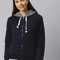 ADBUCKS Women Navy Blue Solid Hooded Sweatshirt-image-1