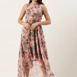 Ethnovog MauvePink Floral Georgette High-Low Hem A-Line Maxi Dress-picture-17