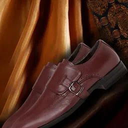 House of Pataudi Men Burgundy Solid Handcrafted Formal Monk Shoes-picture-14