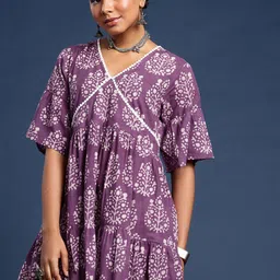 Taavi Ethnic Motifs Hand Block Printed Bell Sleeves Tiered Empire Dress-picture-34