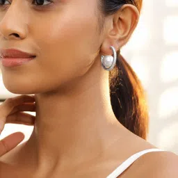 rubans voguish Rubans Rhodium-Plated Pearl Centerpiece Cubic Zirconia Half Hoop Earrings-picture-54