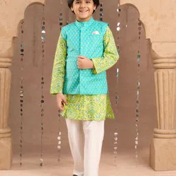 LIL DRAMA Boys Floral Printed Gotta Patti Pure Cotton Kurta with Pyjama With Jacket-picture-16