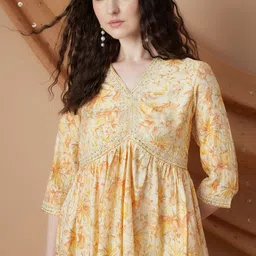 Melange by Lifestyle Floral Printed V Neck Thread Work Pure Cotton A-Line Kurta-picture-36