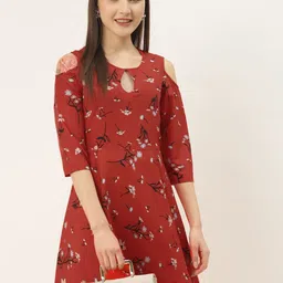 DressBerry Red Floral Printed Key Hole Neck Cold-Shoulder A-Line Dress-picture-40