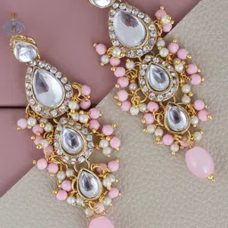 LUCKY JEWELLERY Gold-Plated Kundan-Studded Leaf Shaped Drop Earrings-picture-30