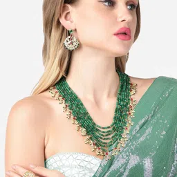 Zaveri Pearls Pink & Green Crystals Beaded Multilayer Bridal Necklace Earring & Ring Set-image-14