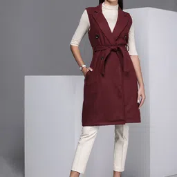 Kenneth Cole Stride Women Maroon Solid Sleeveless Wrap Coat With A Belt-picture-22