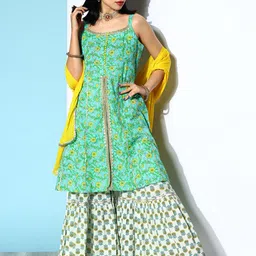 Varanga Women Green Ethnic Motifs Printed Pure Cotton Kurta with Sharara & Dupatta-image-60