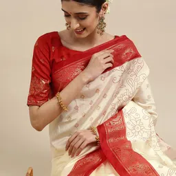 Saree mall Off White & Red Floral Zari Silk Blend Bomkai silk Sarees-picture-40