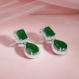 Rubans Rhodium-Plated Emerald Green & Cubic Zirconia Studded Premium Drop Earrings-picture-54