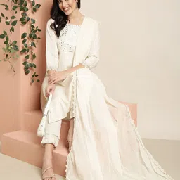 SHOWOFF Striped Round Neck Mirror Work Kurta with Trousers & With Dupatta-image-29