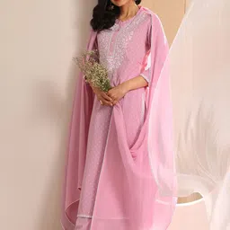 Libas Floral Woven Design Thread Work Band Collar Straight Kurta With Trousers And Dupatta-picture-27