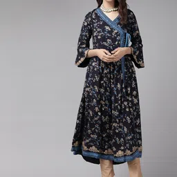 YASH GALLERY Women Navy Blue & Golden Ethnic Motifs Printed Bell Sleeves Kurta-picture-41