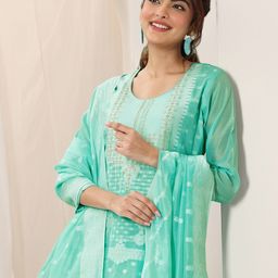 Libas Floral Woven Design Chanderi Silk Straight Kurta With Trouser & Dupatta-picture-8