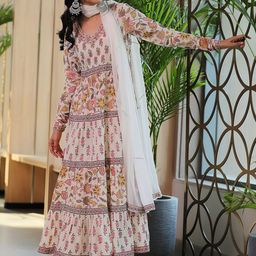 Libas Floral Printed Tiered Mirror Work Anarkali Kurta With Trousers And Dupatta-picture-5