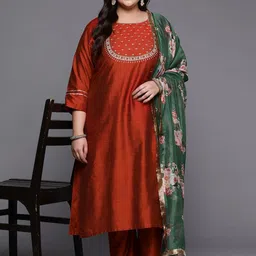 Sztori Plus Size Yoke Design Embroidered Regular Kurta with Trousers & Dupatta-picture-32