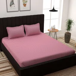 Story@home Pink Self-Striped 300 TC Cotton 1 King Bedsheet with 2 Pillow Covers-picture-33