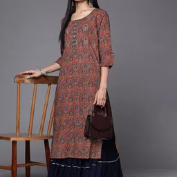 Varanga Women Rust & Blue Ethnic Motifs Printed Indie Prints Kurta-picture-33