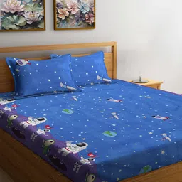 FABINALIV Blue & White Cartoon Characters 300 TC Fitted King Bedsheet Set 2.50m X 2.25m-picture-41