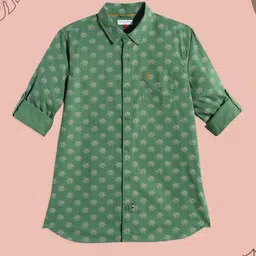 U.S. Polo Assn. Kids Boys Green Brand Logo Opaque Printed Pure Cotton Casual Shirt image 1