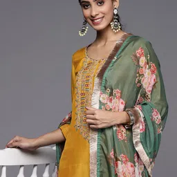 Varanga Women Mustard Yellow Ethnic Motifs Embroidered Kurta with Trousers & Dupatta-image-31