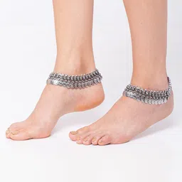 Digital Dress Room Set of 2 Oxidised German Silver Coin Design Anklets With Silver-Plating image 1
