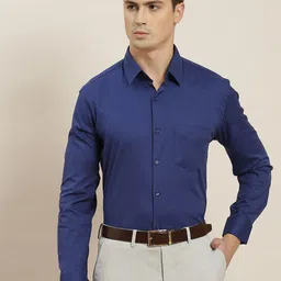 Hancock Men Navy Blue Solid French Cuff Slim Fit Pure Cotton Formal Shirt-image-56