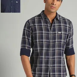 Roadster Men Navy Blue & Grey Regular Fit Checked Reversible Sustainable Casual Shirt-image-8