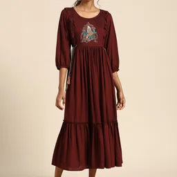 RANGMAYEE Maroon & Pink Embroidered Liva Ethnic A-Line Maxi Dress-picture-10