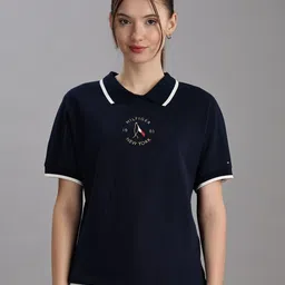 Tommy Hilfiger Europe Women Embroidered Brand Logo Polo Collar Cotton T-shirt-picture-15