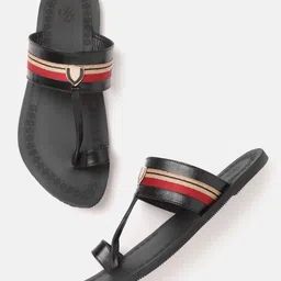 House of Pataudi Men Black & Red Striped Handcrafted Sandals with Metallic Detail image 4