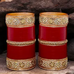 LUCKY JEWELLERY Gold-Toned & Maroon Kundan & CZ Stone-Studded Punjabi Chuda Bangle Set image 3